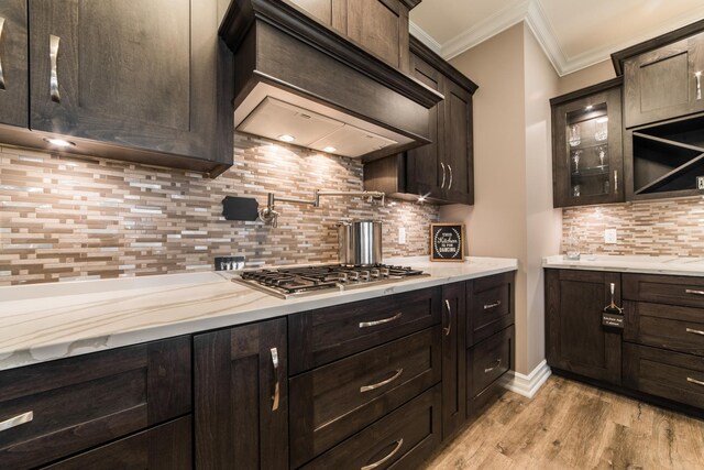 506 Stearn Dr Unit 506, Genoa, IL 60135 - kitchen featuring premium range hood, ornamental molding, dark brown cabinetry, backsplash, and stainless steel gas stovetop