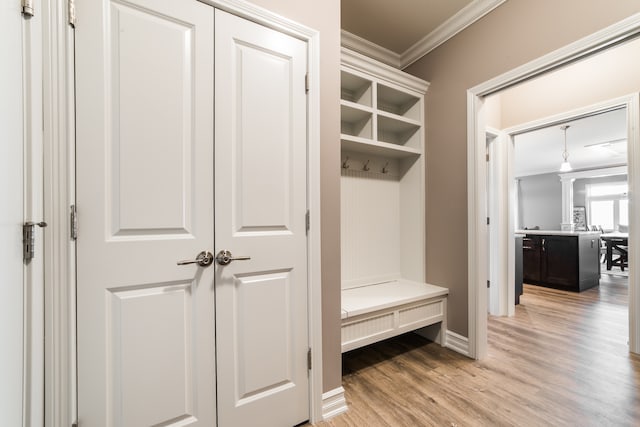 mudroom with crown molding and light hardwood / wood-style flooring