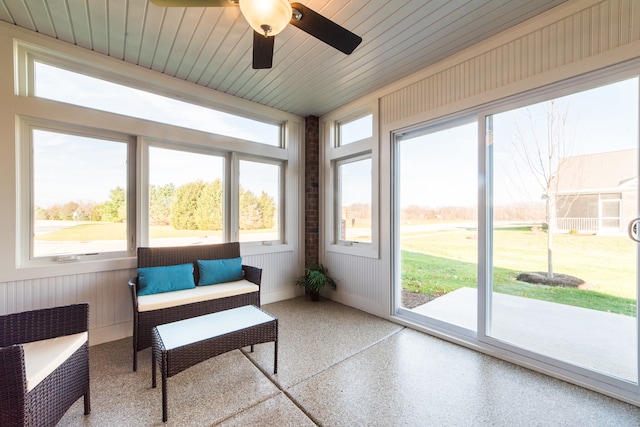 sunroom featuring wood ceiling and ceiling fan