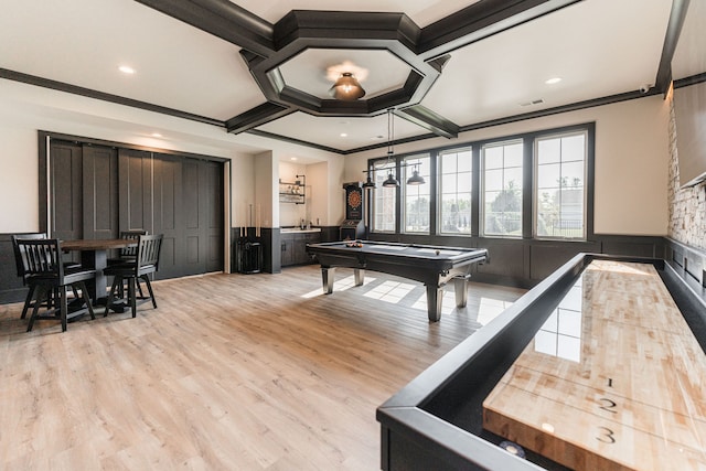 recreation room featuring coffered ceiling, light hardwood / wood-style flooring, crown molding, and billiards