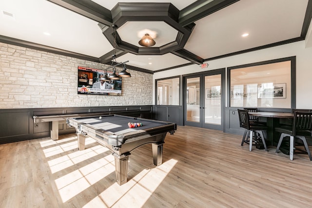 recreation room with french doors, light hardwood / wood-style floors, crown molding, and pool table