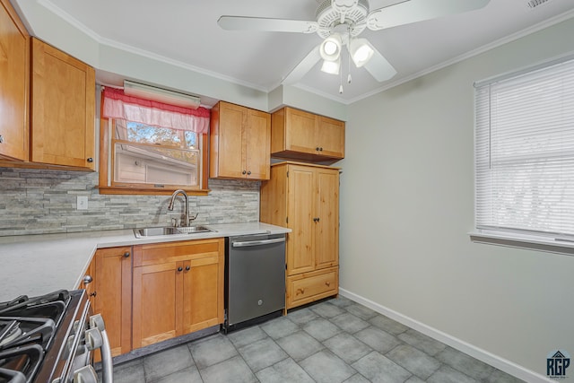 kitchen featuring sink, appliances with stainless steel finishes, ceiling fan, backsplash, and crown molding