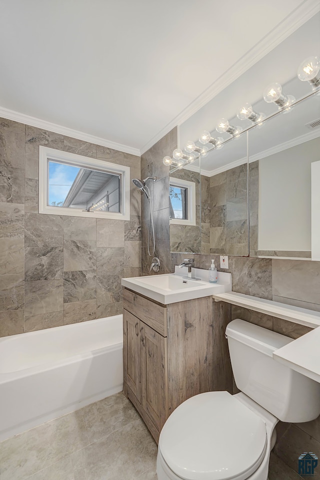 full bathroom with plenty of natural light, tile walls, and shower / bath combination