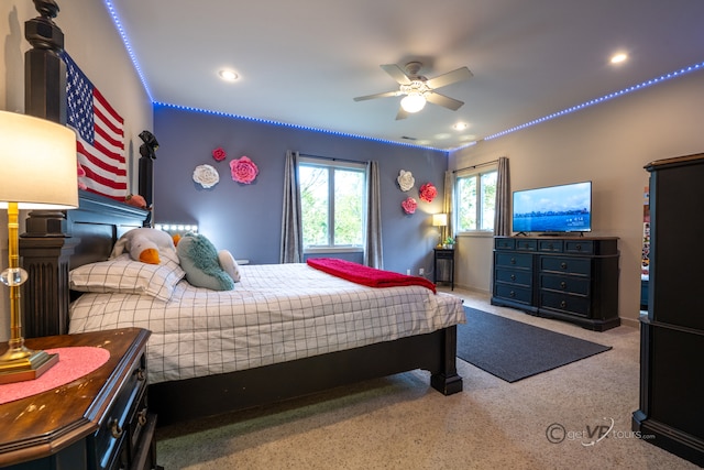 carpeted bedroom with ceiling fan