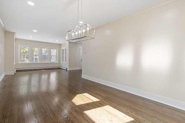 unfurnished dining area with crown molding, a baseboard radiator, and dark hardwood / wood-style flooring