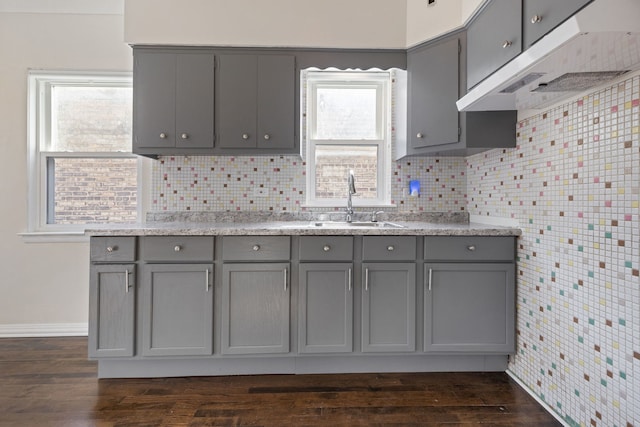 kitchen with gray cabinetry, plenty of natural light, and dark hardwood / wood-style floors