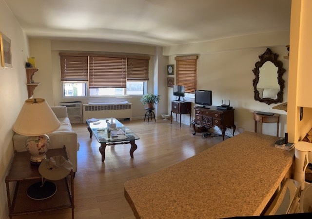 living room with radiator heating unit, a wall mounted air conditioner, and light hardwood / wood-style flooring