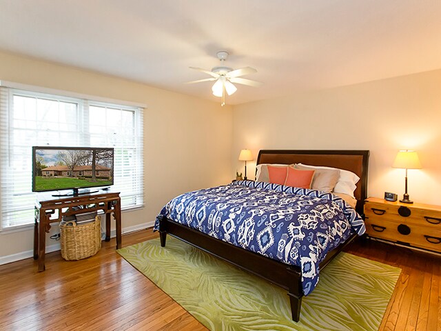 bedroom with ceiling fan, multiple windows, and hardwood / wood-style floors