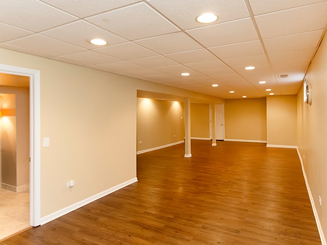 basement with a drop ceiling and wood-type flooring