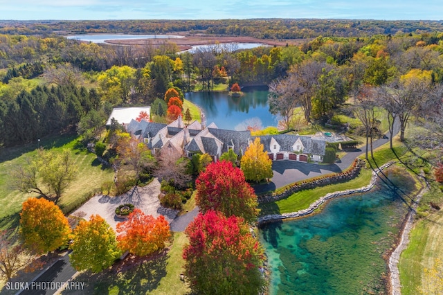 drone / aerial view featuring a water view