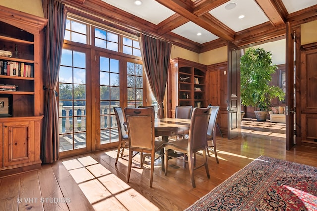 dining room with hardwood / wood-style floors, french doors, coffered ceiling, and beam ceiling