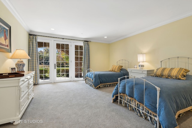 bedroom with access to exterior, light carpet, and ornamental molding