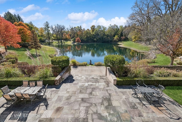 view of property's community featuring a water view and a patio