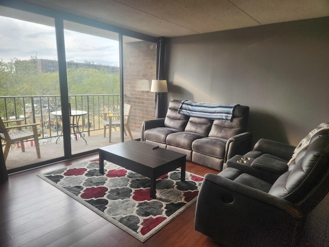 living room with a drop ceiling, hardwood / wood-style floors, and floor to ceiling windows