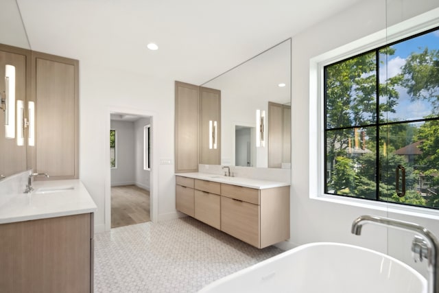 bathroom with wood-type flooring, vanity, a washtub, and a healthy amount of sunlight