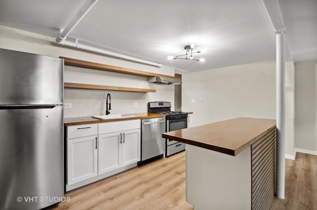 kitchen with white cabinetry, appliances with stainless steel finishes, extractor fan, sink, and light hardwood / wood-style flooring