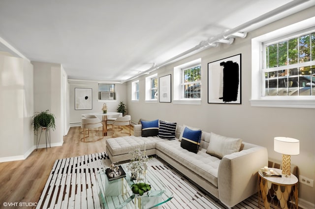 living room featuring plenty of natural light and light hardwood / wood-style flooring