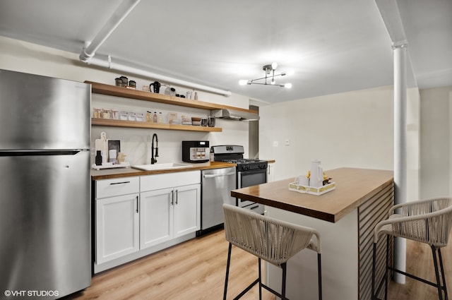 kitchen featuring sink, appliances with stainless steel finishes, a breakfast bar area, white cabinets, and wood counters