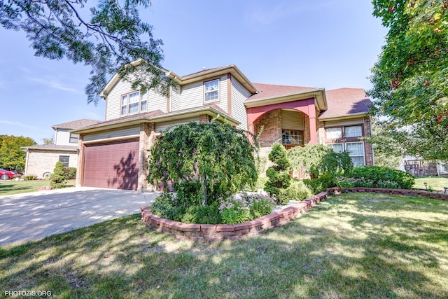 view of front of home with a garage and a front lawn