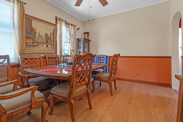 dining area featuring crown molding, light wood-type flooring, and ceiling fan