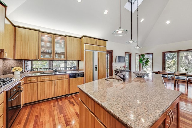 kitchen featuring dishwashing machine, sink, black oven, and light hardwood / wood-style flooring