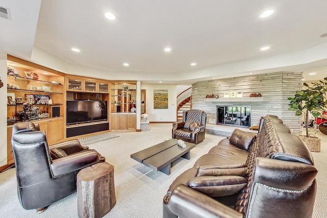132 N Wynstone Dr, North Barrington, IL 60010 - living room featuring light carpet, recessed lighting, baseboards, and a fireplace