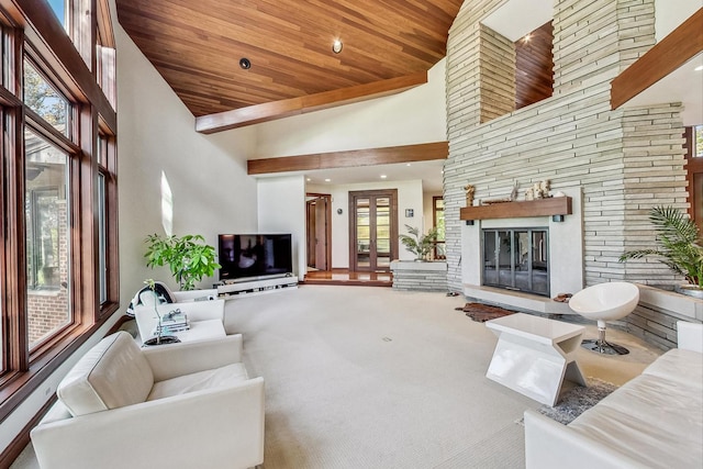 living room with carpet, high vaulted ceiling, and wood ceiling