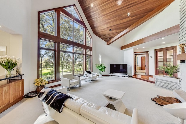 living room featuring carpet, high vaulted ceiling, and a wealth of natural light