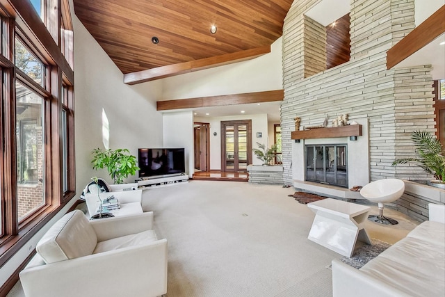 132 N Wynstone Dr, North Barrington, IL 60010 - carpeted living room featuring high vaulted ceiling, a stone fireplace, wood ceiling, and recessed lighting