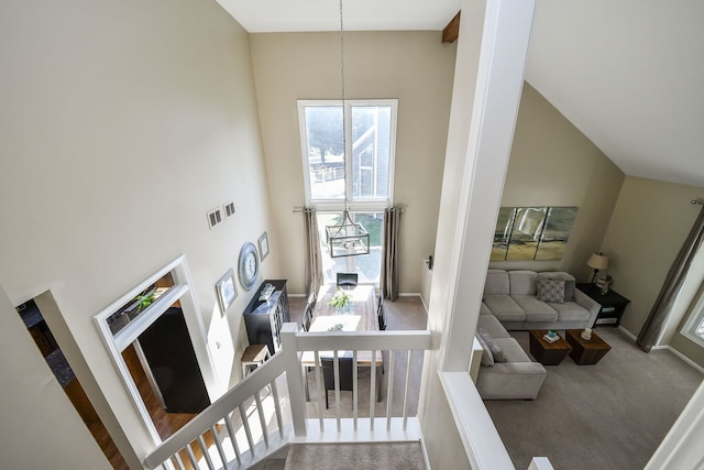 staircase featuring carpet floors and high vaulted ceiling