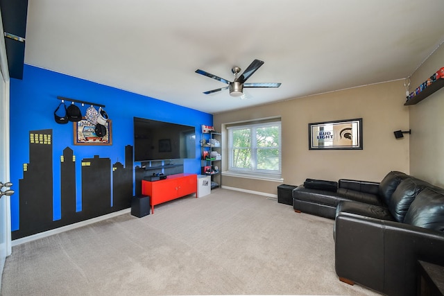 carpeted living room featuring ceiling fan