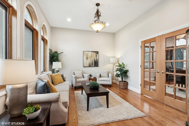 living room featuring french doors and light wood-type flooring