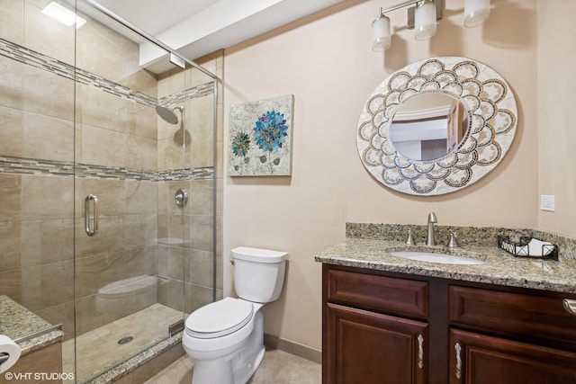 bathroom with tile patterned flooring, vanity, toilet, and a shower with door