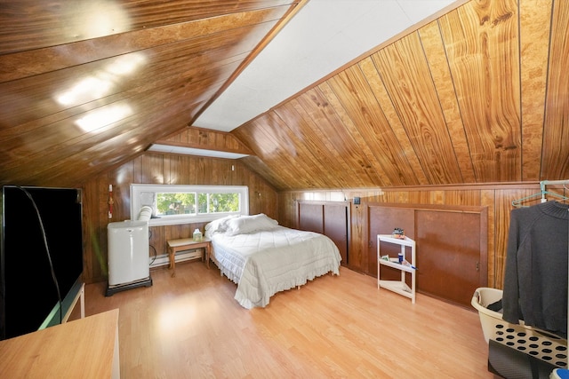 bedroom with hardwood / wood-style floors, vaulted ceiling, wood ceiling, and wood walls