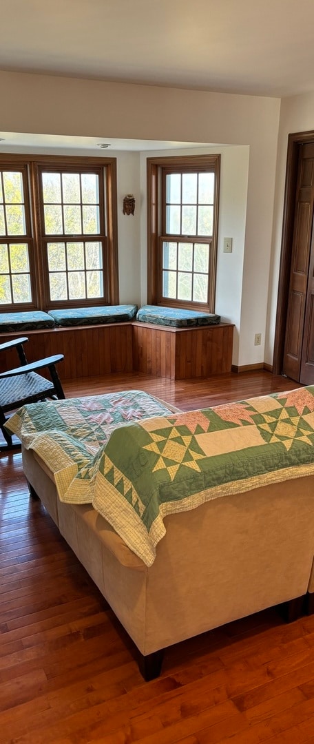 bedroom featuring multiple windows and dark hardwood / wood-style flooring