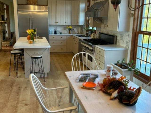 kitchen with high end appliances, decorative backsplash, light hardwood / wood-style floors, and a kitchen island