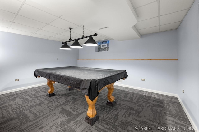 rec room with a drop ceiling, dark carpet, and billiards