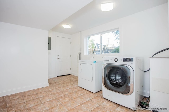 laundry area featuring electric panel and washing machine and clothes dryer