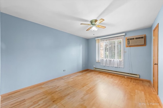 unfurnished room featuring ceiling fan, a wall mounted air conditioner, light hardwood / wood-style flooring, and a baseboard radiator