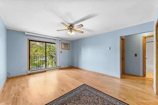 unfurnished room with an AC wall unit, light wood-type flooring, ceiling fan, and a baseboard radiator