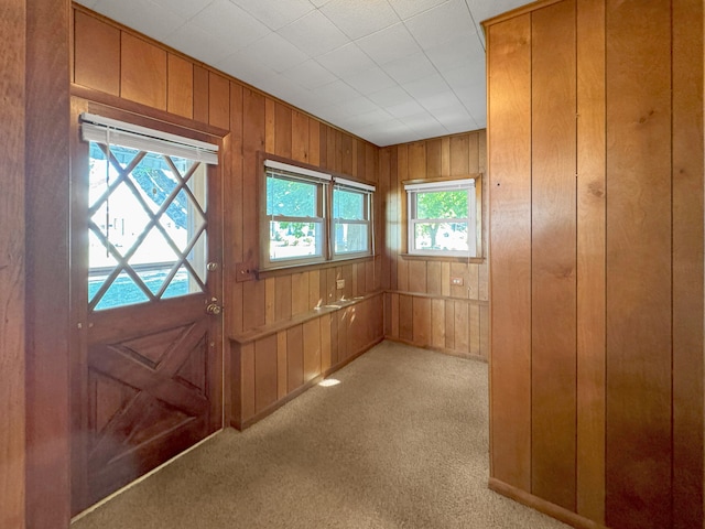 doorway to outside featuring light carpet and wooden walls