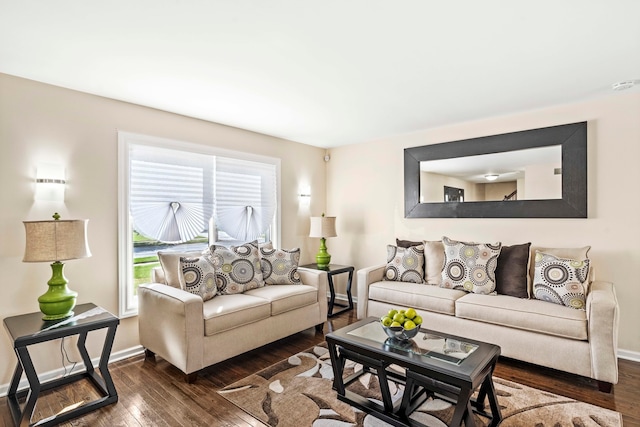 living room with dark hardwood / wood-style floors