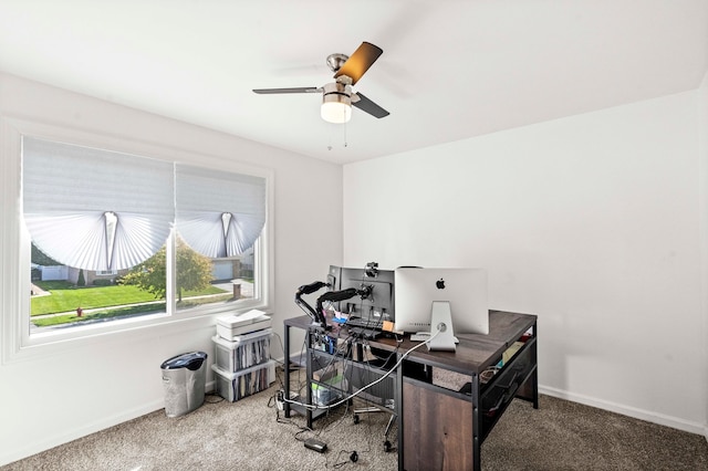 office space with carpet floors and ceiling fan