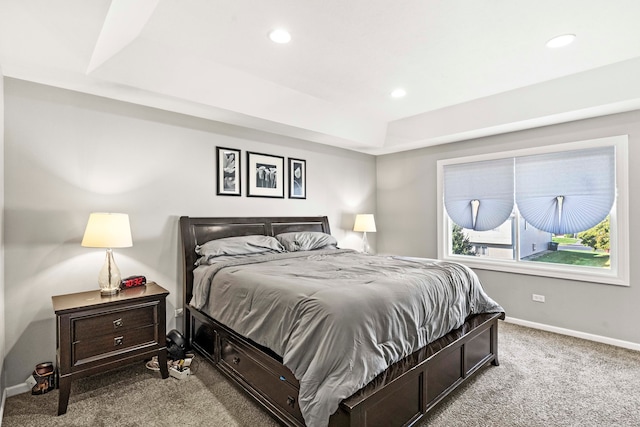 bedroom with a tray ceiling and carpet