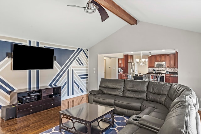 living room featuring ceiling fan with notable chandelier, high vaulted ceiling, beamed ceiling, and dark hardwood / wood-style floors