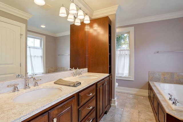 bathroom with a bathtub, toilet, ornamental molding, and vanity