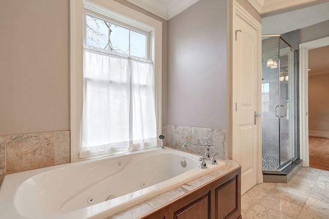 bathroom with crown molding and plus walk in shower