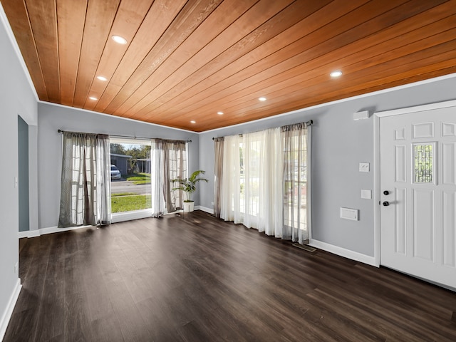 entrance foyer with crown molding, vaulted ceiling, wood ceiling, and dark hardwood / wood-style floors