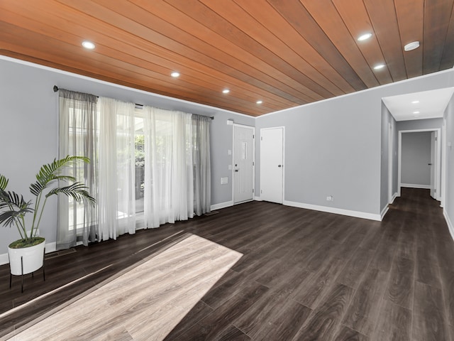 interior space featuring dark hardwood / wood-style floors and wooden ceiling