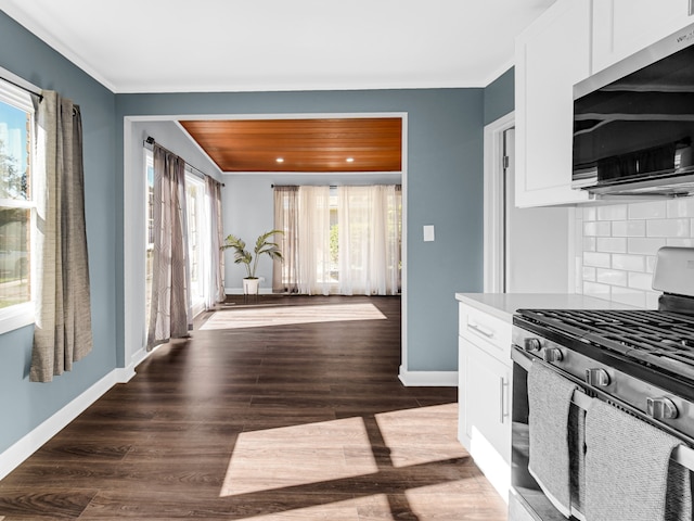 kitchen with white cabinetry, dark hardwood / wood-style floors, stainless steel appliances, and backsplash